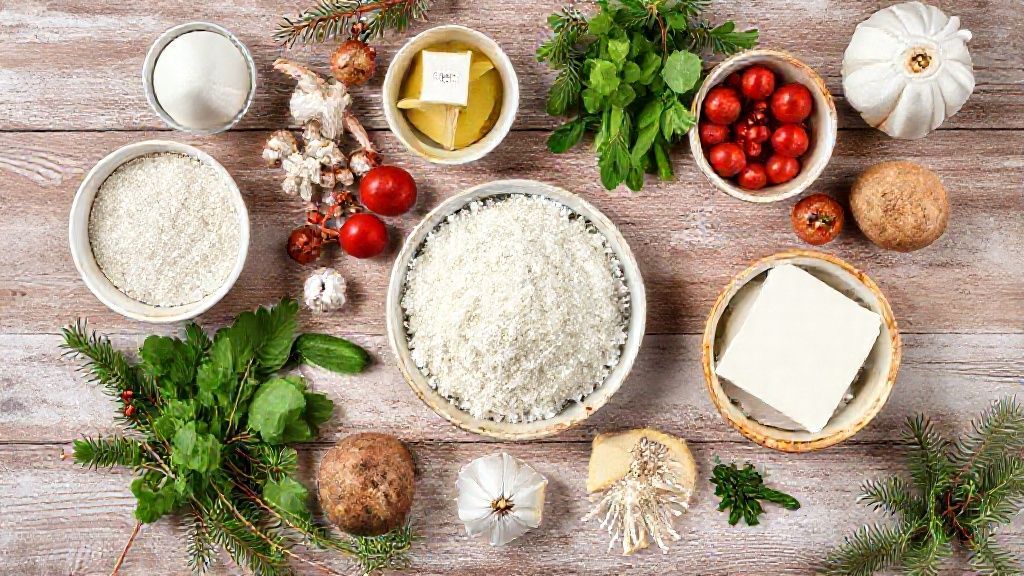 Ingredientes medidos e organizados em uma bancada, com especiarias e cortadores natalinos.