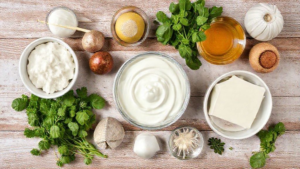 Ingredientes da receita organizados em tigelas sobre bancada de madeira, incluindo iogurte, coco ralado e amido de milho.