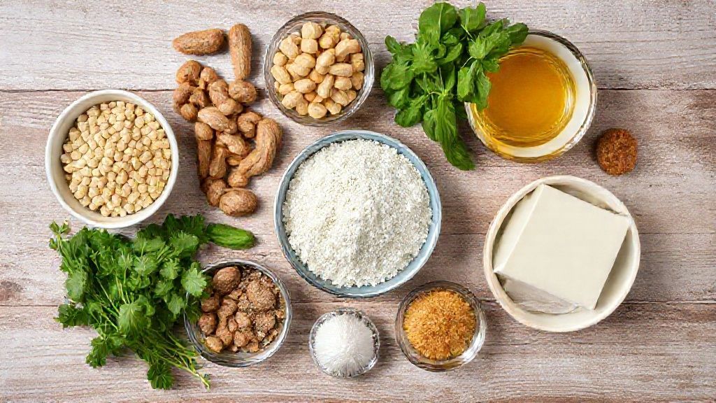 Ingredientes da bolachinha de amendoim dispostos em uma bancada de madeira com medidores e tigelas organizadas