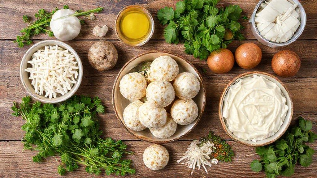 Visão de cima com os ingredientes da receita organizados em uma bancada de madeira