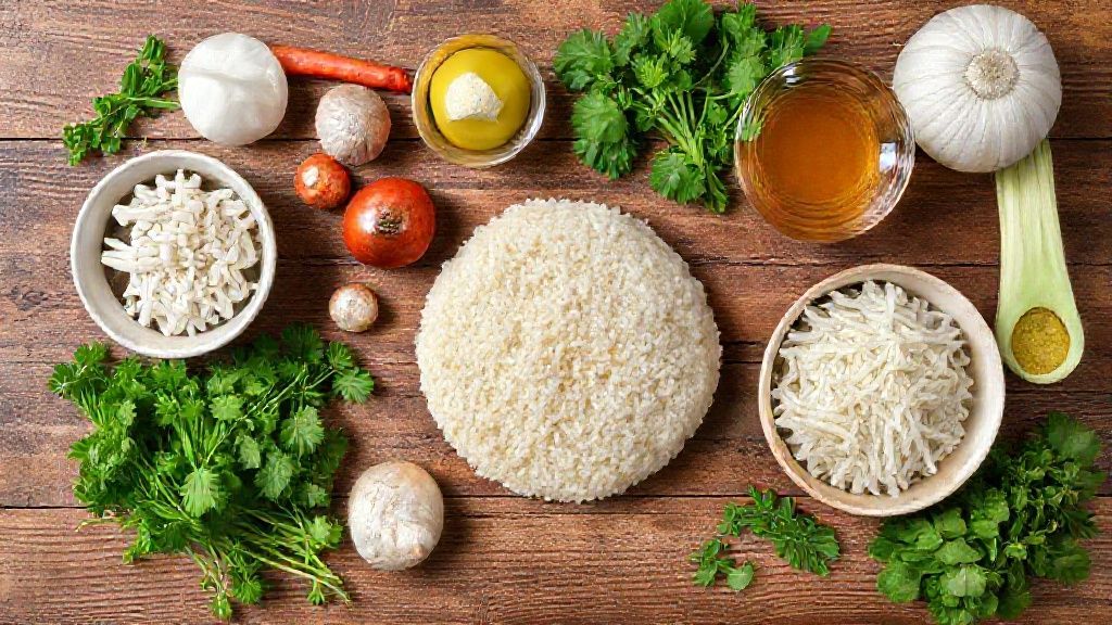 Ingredientes organizados sobre bancada de madeira, incluindo arroz cozido, ovos, queijo, presunto e temperos