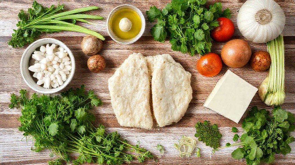 Ingredientes organizados em bancada: batatas, proteína de soja, alho, cebola, coentro e farinha de rosca.