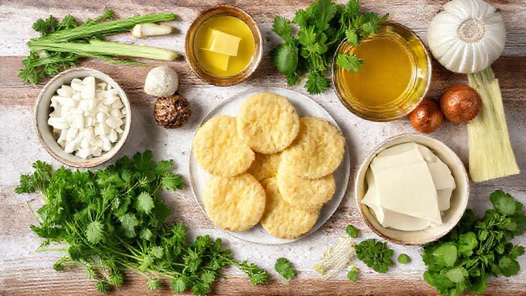 Visão de cima com mandioca, manteiga, leite, queijo e temperos organizados na bancada