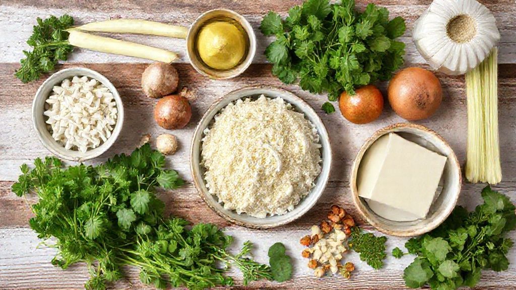 Ingredientes da receita organizados em bancada de madeira, vistos de cima