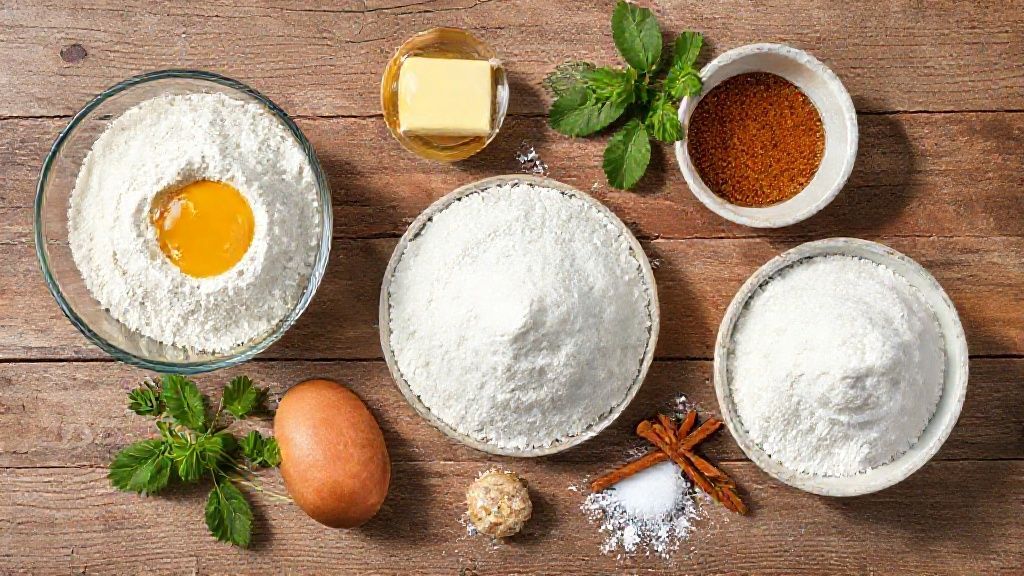 Visão de cima dos ingredientes separados — farinha, ovos, açúcar, manteiga, fermento e canela