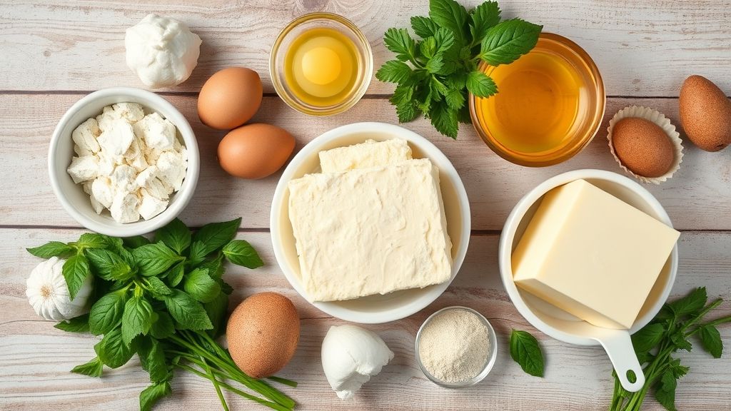 Visão de cima com farinha, ovos, manteiga e açúcar dispostos em tigelas sobre bancada de madeira