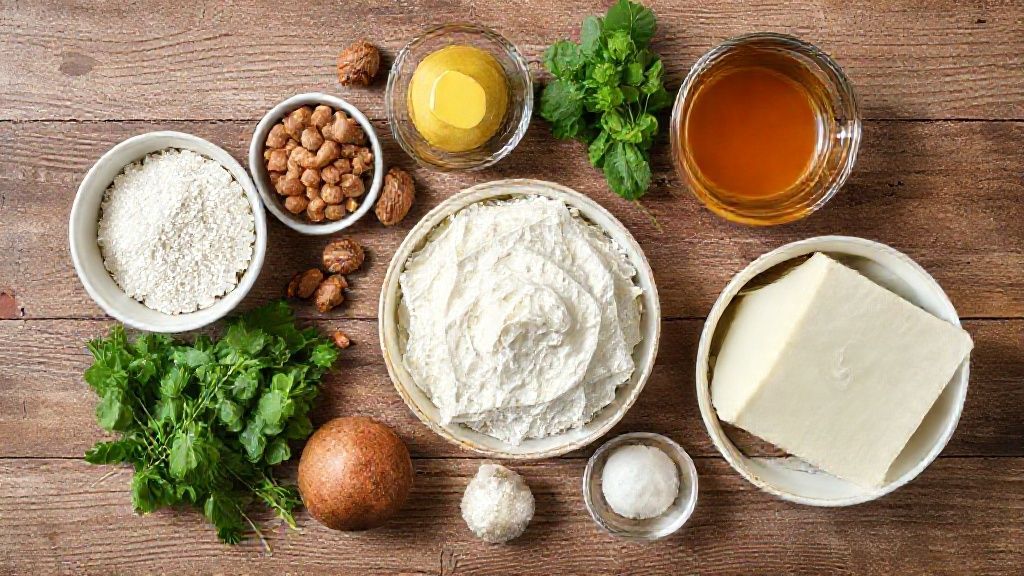 Visão de cima com ovos, farinha, nozes, doce de leite e outros ingredientes organizados sobre bancada de madeira