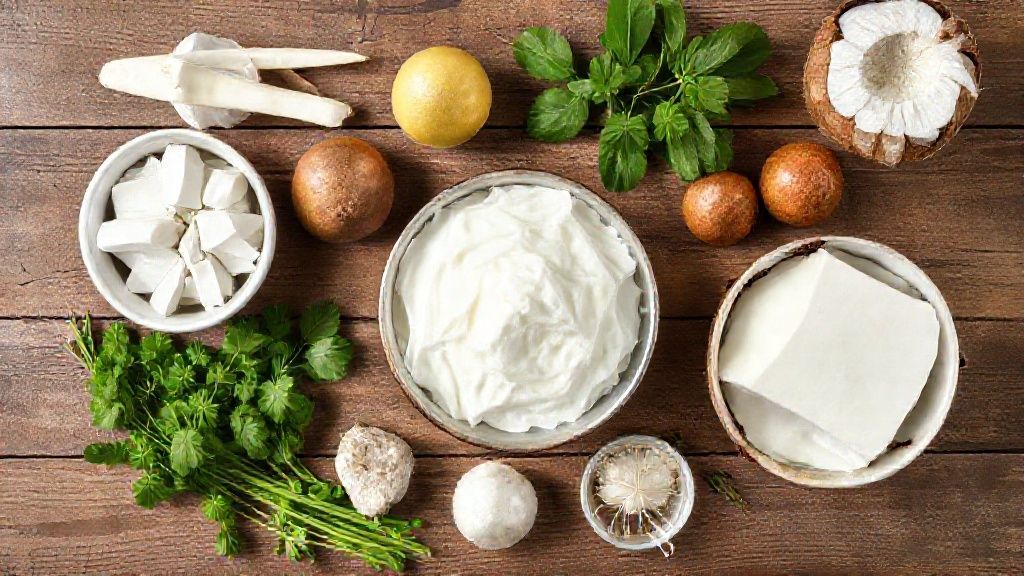 Visão de cima com os ingredientes para o bolo cocada organizados em uma bancada de madeira