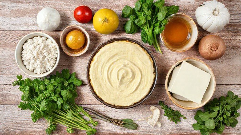 Visão de cima com ovos, farinha, leite condensado e açúcar dispostos em tigelas sobre bancada de madeira