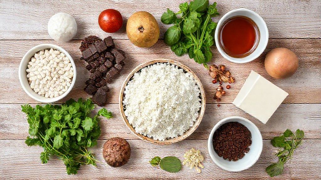 Visão de cima com os ingredientes da receita de bolo crunch cake organizados em uma bancada de cozinha