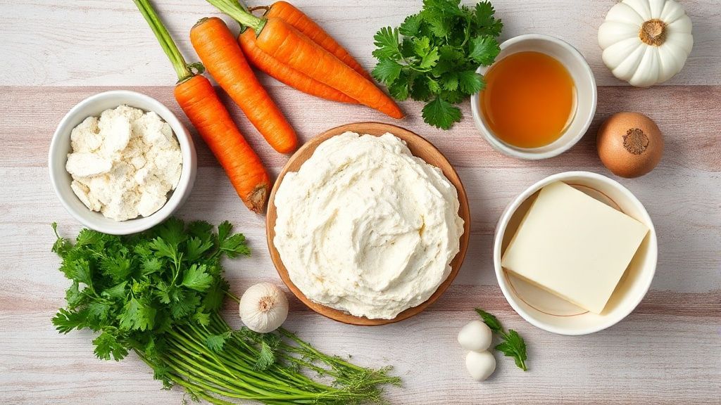 Visão de cima mostrando cenouras, ovos, açúcar, farinha e cacau dispostos em tigelas sobre bancada