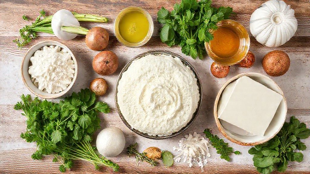 Visão de cima mostrando farinha, ovos, manteiga, cerveja e açúcar organizados em bancada de madeira clara