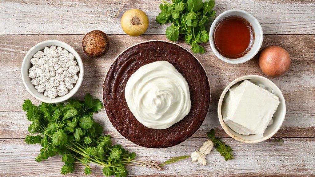 Visão de cima com os ingredientes do bolo de chocolate dispostos em tigelas sobre bancada de madeira