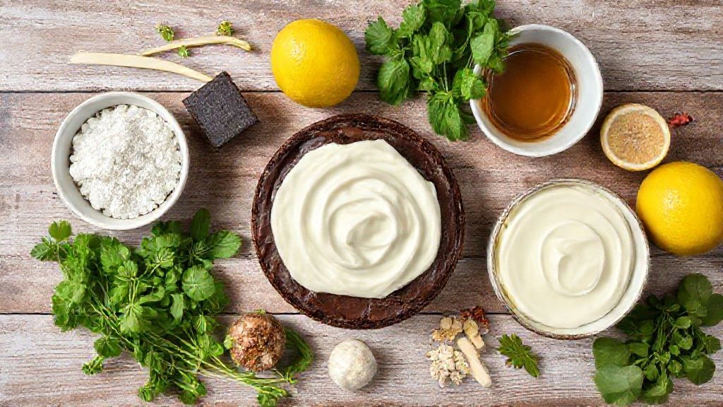 Visão de cima com farinha, ovos, cacau, limões, leite condensado e creme de leite organizados sobre bancada