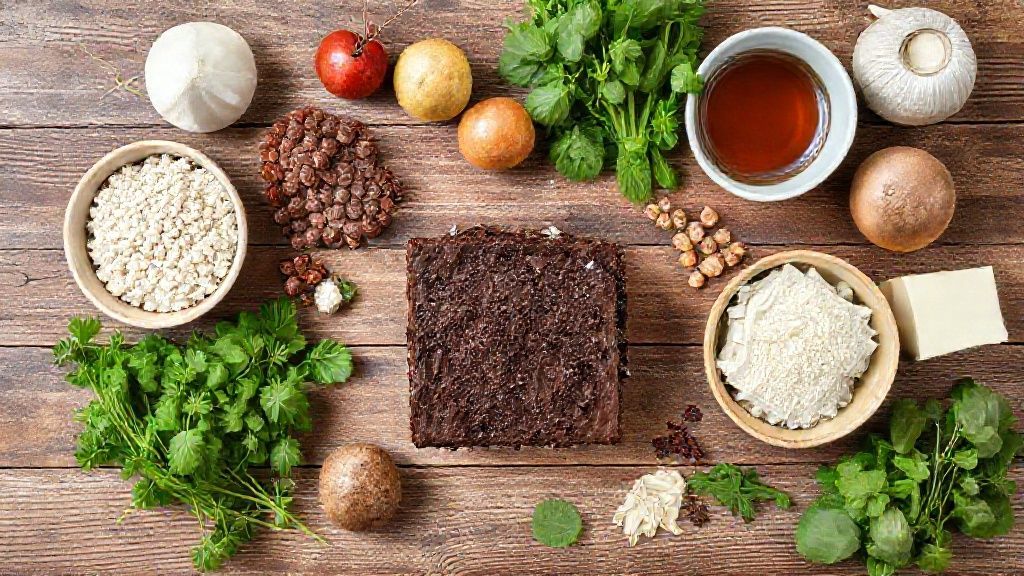 Visão de cima com os ingredientes da receita organizados em uma bancada de madeira