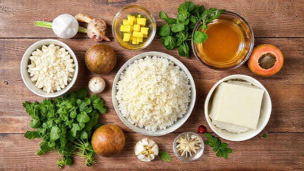 Visão de cima com os ingredientes do bolo organizados em uma bancada de madeira