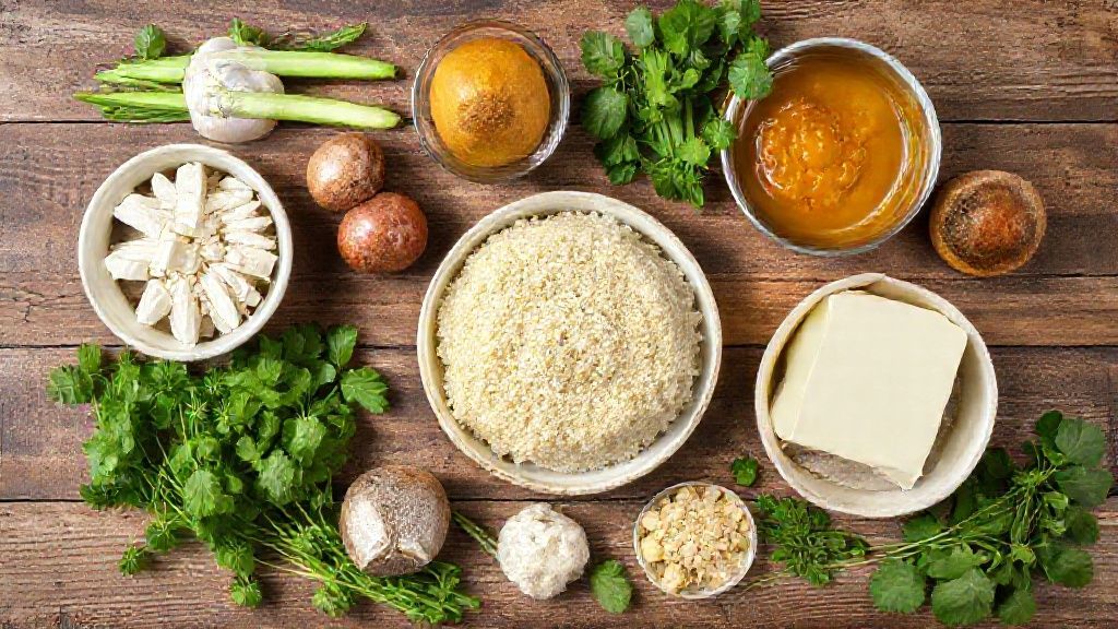 Ingredientes da receita separados em tigelas sobre bancada de madeira: fubá, goiabada, ovos, leite, farinha e açúcar