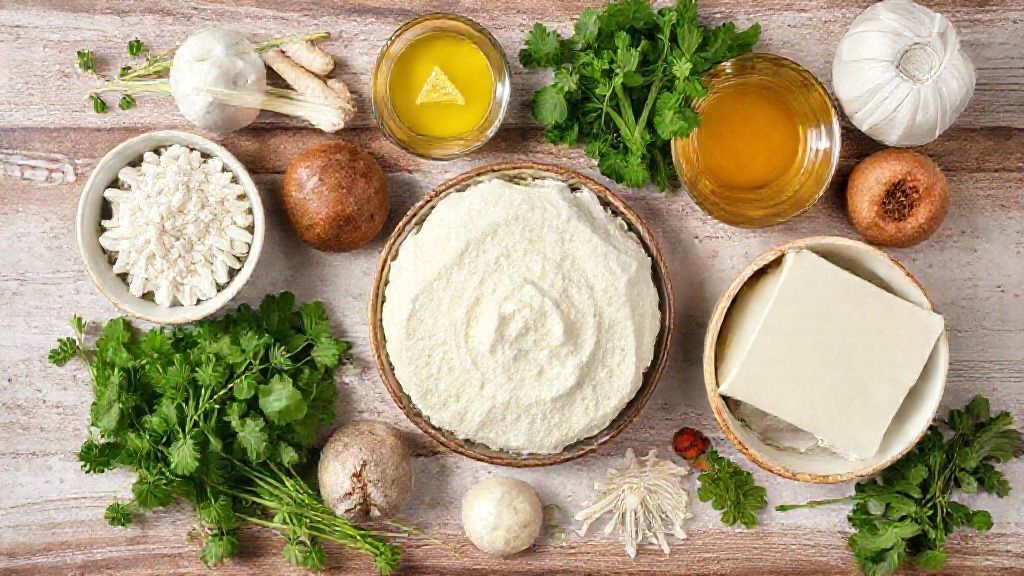 Visão de cima com fubá, ovos, creme de leite e leite condensado organizados em tigelas de vidro sobre bancada rústica