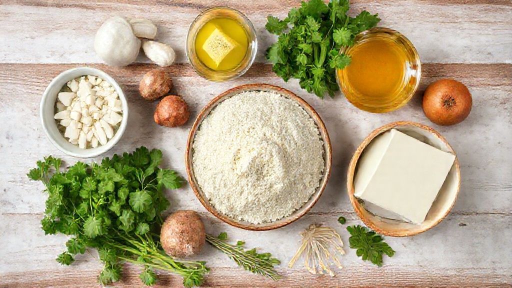 Visão de cima com os ingredientes — fubá, leite condensado, creme de leite e fermento — dispostos em uma bancada de madeira