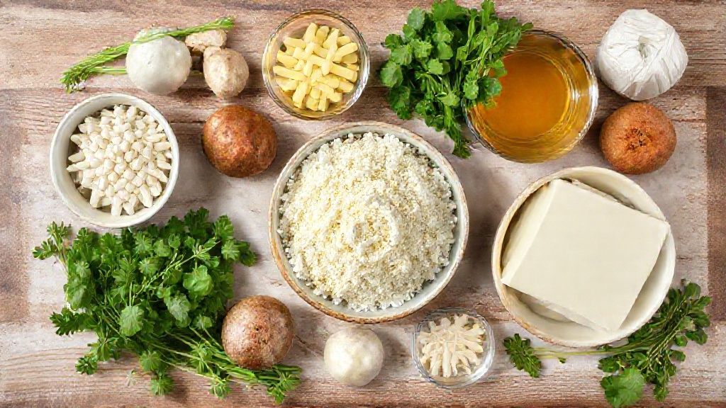 Visão de cima dos ingredientes do bolo dispostos em tigelas sobre bancada de madeira