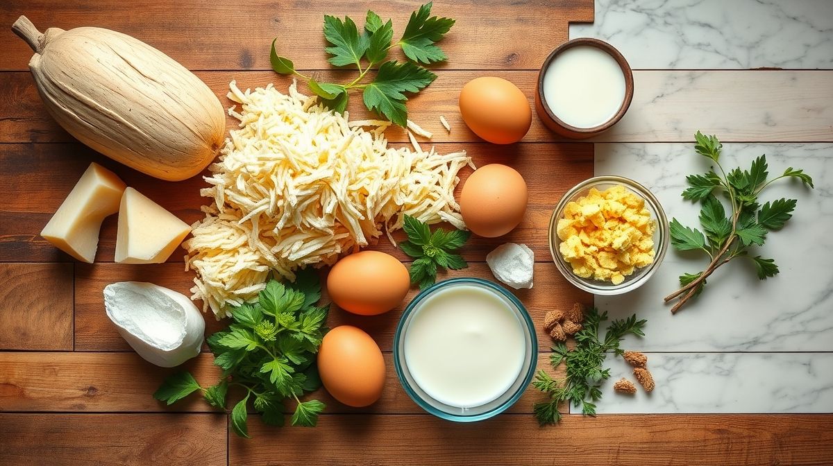 Visão de cima com mandioca ralada, ovos, leite de coco, açúcar e manteiga organizados em bancada de madeira