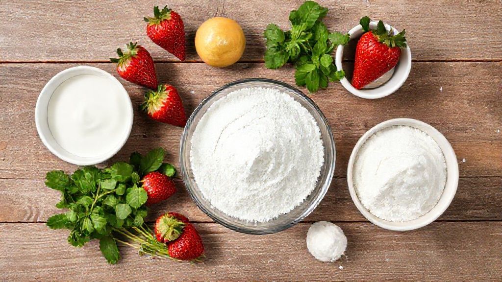 Visão de cima dos ingredientes organizados em uma bancada de madeira clara