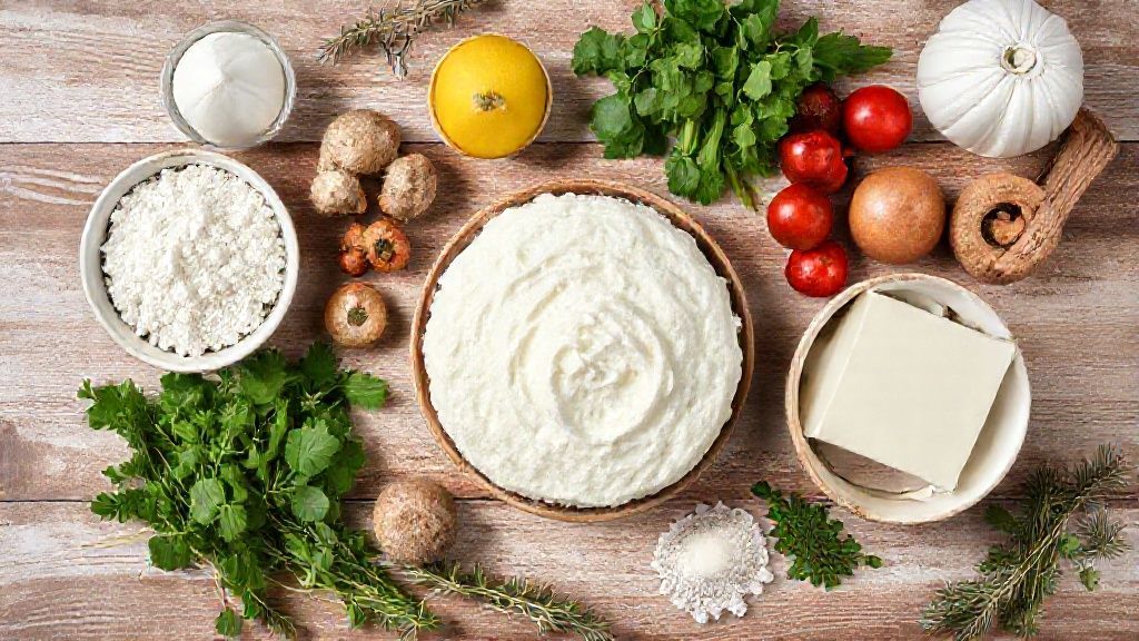 Visão de cima com ovos, farinha, manteiga, frutas cristalizadas e essências organizados em uma bancada de madeira.