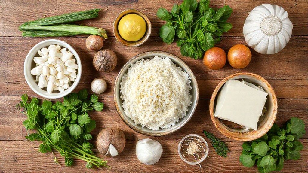 Visão de cima mostrando ovos, polvilho, queijo e óleo organizados em uma bancada de madeira