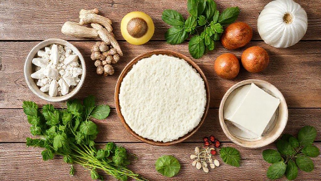 Visão de cima dos ingredientes medidos e organizados sobre bancada de madeira