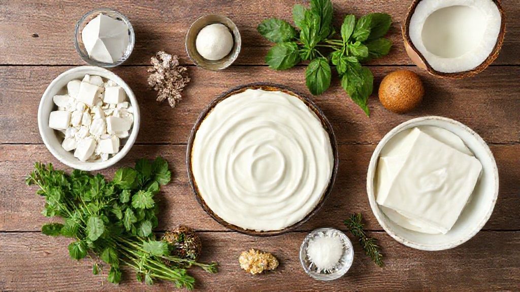 Visão de cima com os ingredientes separados em potes e medidores sobre uma bancada de madeira