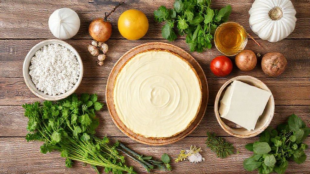 Visão de cima com leite condensado, leite de coco, ovos e farinha organizados em uma bancada de madeira