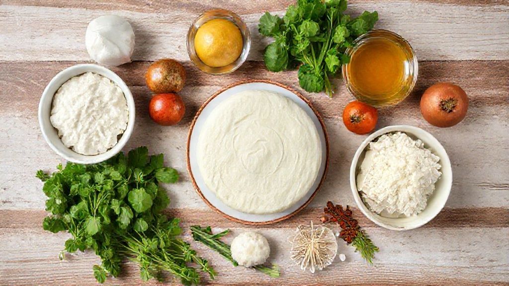 Visão de cima com ovos, açúcar, farinha, leite e manteiga organizados em potes sobre bancada