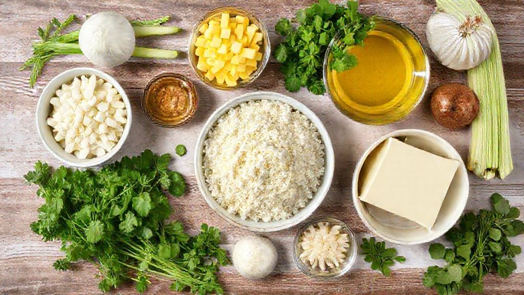 Ingredientes do bolo pudim de milho dispostos em tigelas sobre bancada de madeira, vistos de cima