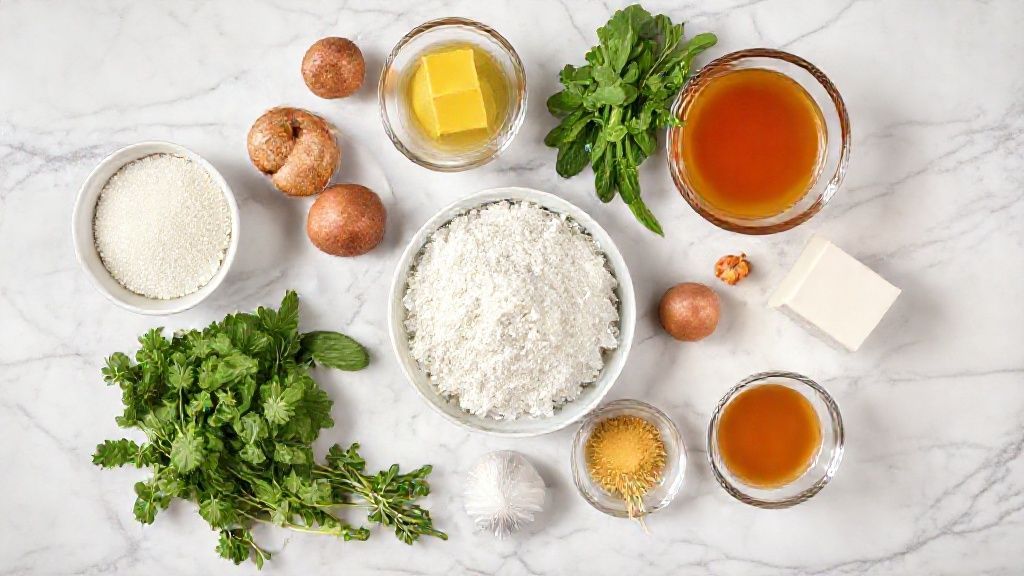 Visão de cima com os ingredientes da receita dispostos sobre uma bancada de mármore clara
