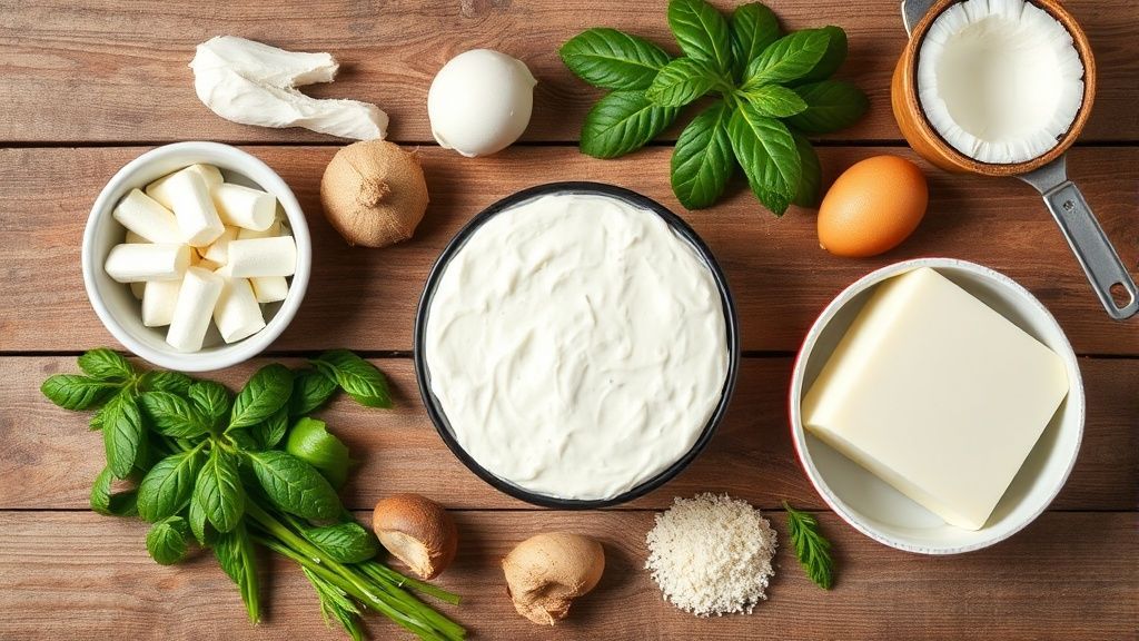 Visão de cima com os ingredientes do bolo organizados em uma bancada de madeira