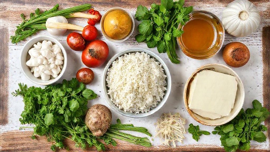 Ingredientes organizados, incluindo pães, ovos, presunto, muçarela e tomatinhos sobre uma bancada