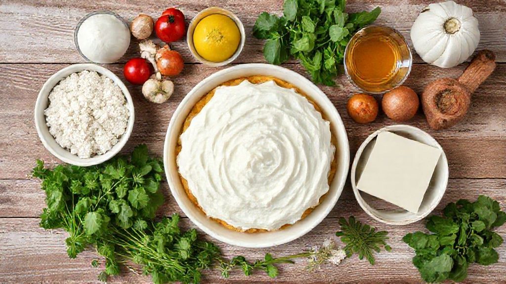 Ingredientes organizados em uma bancada de madeira clara, prontos para o preparo do bolo sonho