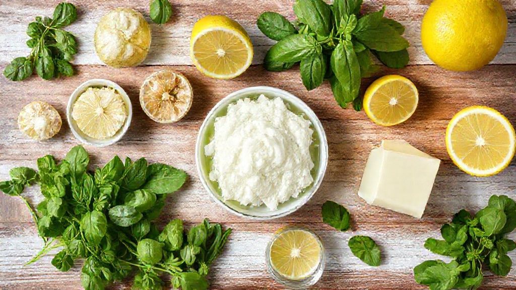 Visão de cima dos ingredientes do bolo verde de limão organizados sobre uma bancada de mármore