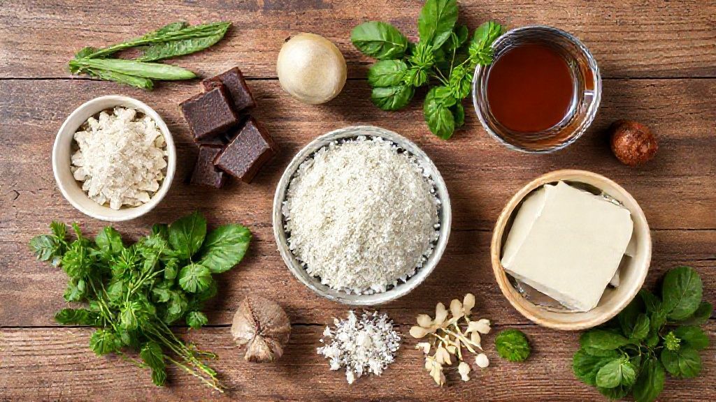 Visão de cima dos ingredientes organizados em uma bancada de cozinha: leite condensado, cacau, manteiga e creme de leite