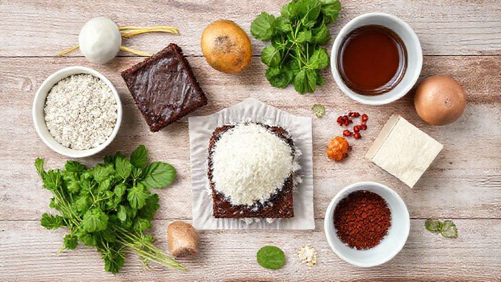 Visão de cima com os ingredientes da receita organizados em uma bancada rústica