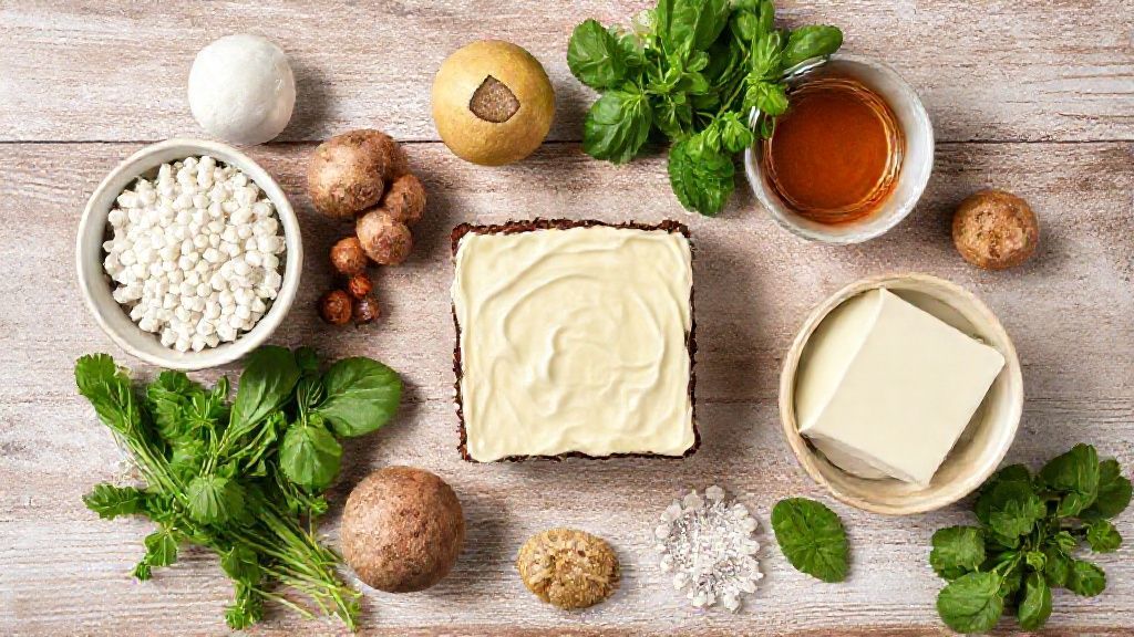 Visão de cima com os ingredientes – chocolate, manteiga, ovos, açúcares e cacau – organizados em uma bancada de madeira