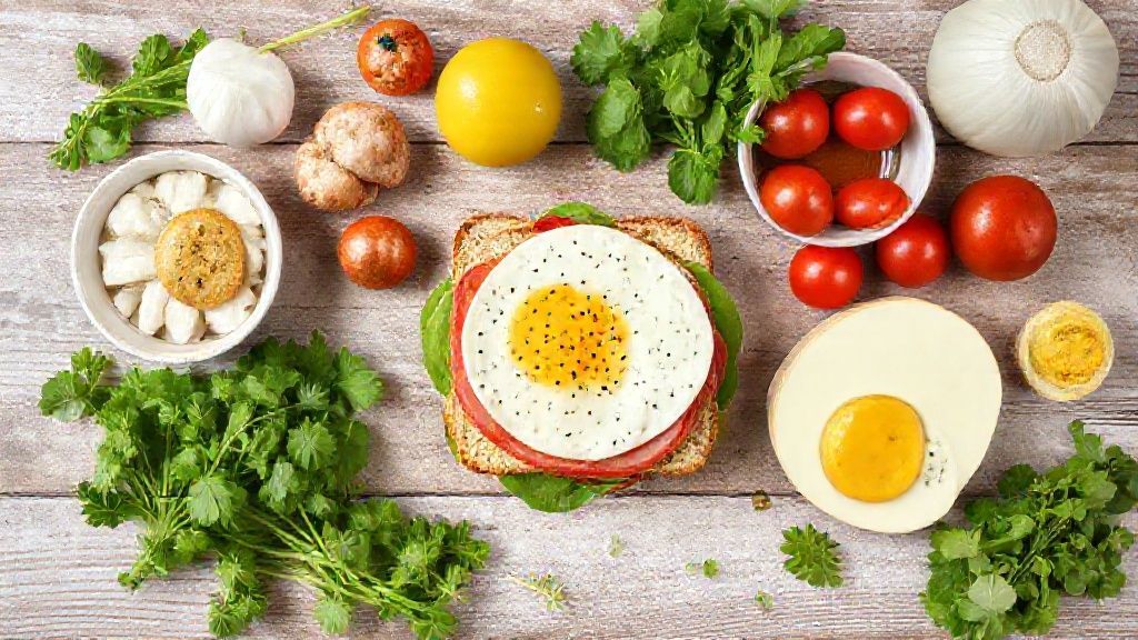 Visão de cima com ovo, queijos e tomate organizados para preparo do pão low carb