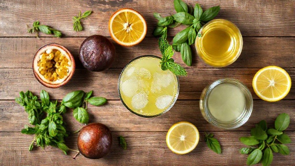 Visão de cima com maracujá fresco, açúcar, cachaça e gelo organizados em uma bancada de madeira