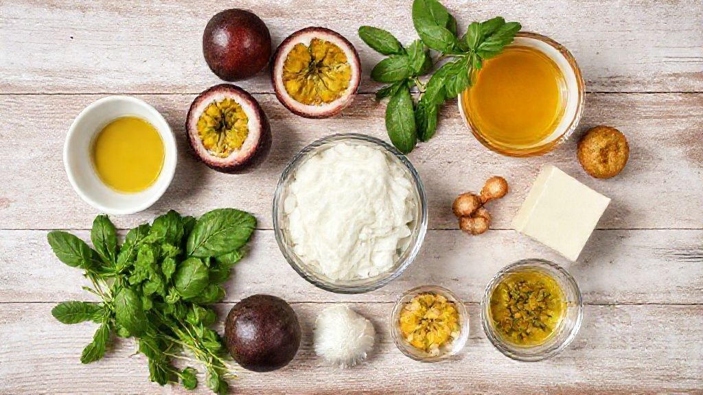 Visão de cima com os ingredientes da calda de maracujá organizados em uma bancada de mármore