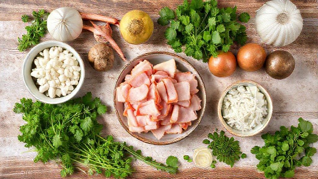 Visão de cima com mandioca, bacon, temperos e ervas organizados sobre uma bancada de madeira rústica