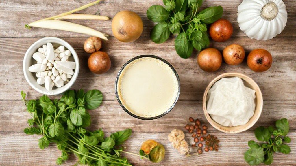 Visão de cima com café solúvel, chocolate em pó, açúcar e leite em pó organizados em potes sobre bancada rústica