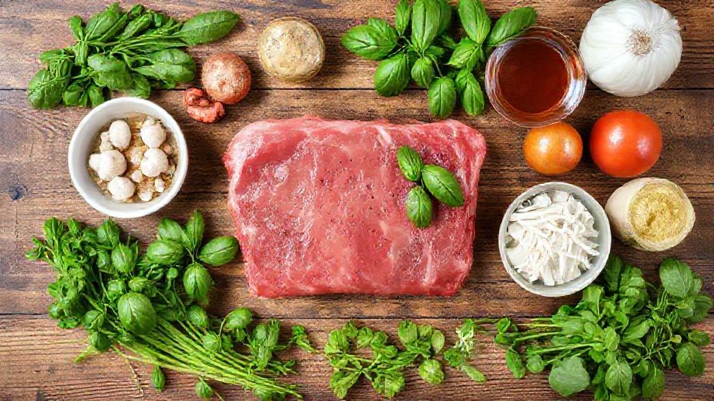 Ingredientes organizados em bancada de madeira, incluindo carne, manjericão, alho, cebola, vinho e molho de tomate