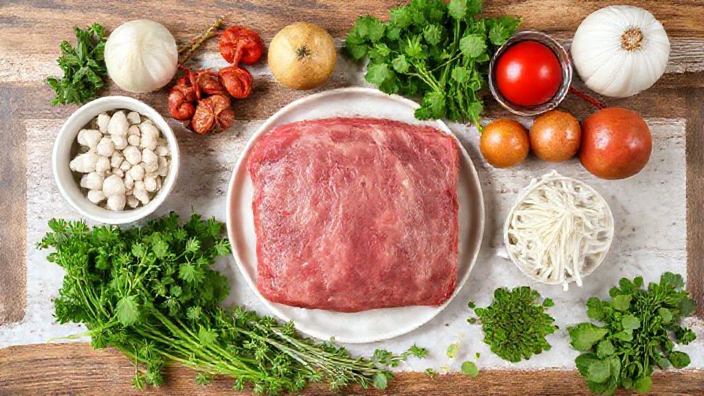 Ingredientes frescos da carne de panela recheada organizados em uma bancada rústica
