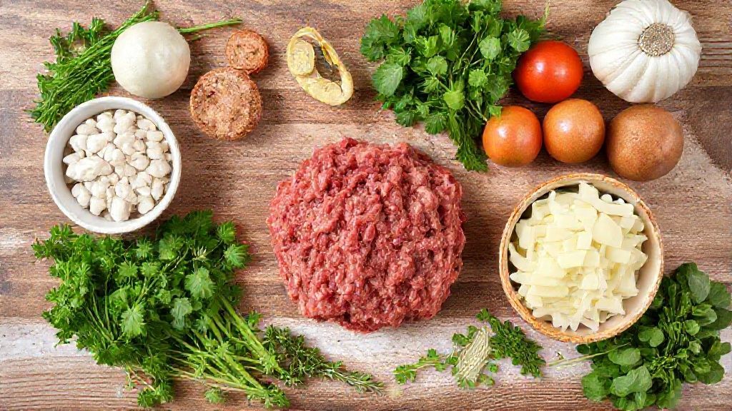 Visão de cima com os ingredientes da receita organizados em uma bancada de cozinha