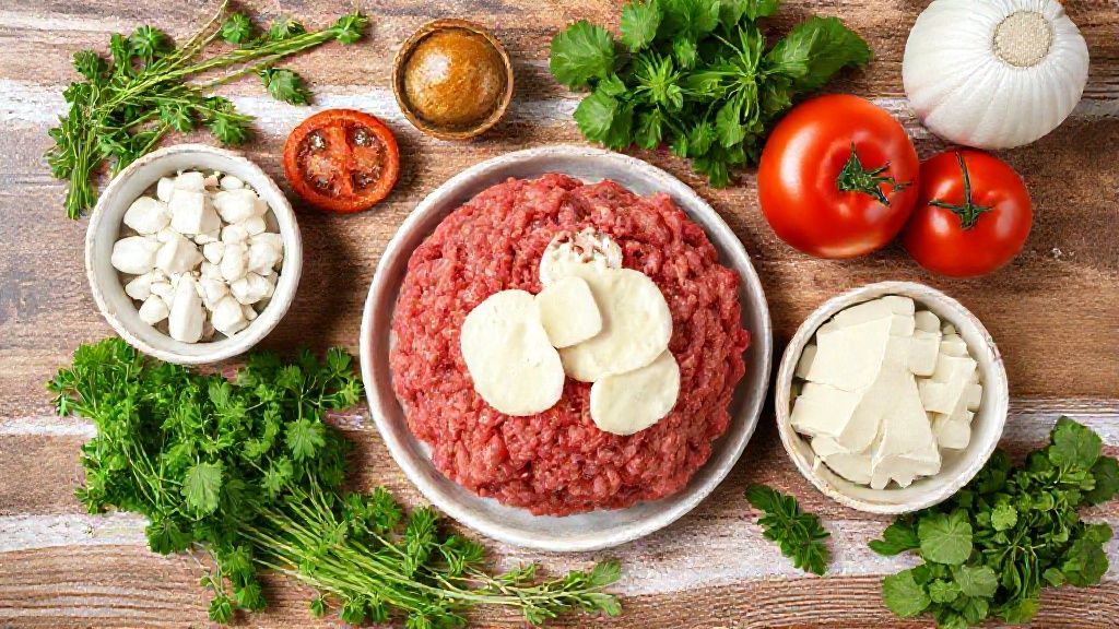 Visão de cima com os ingredientes da receita organizados em uma bancada